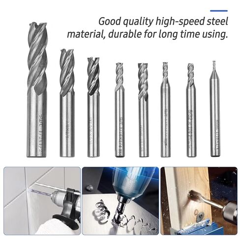 8PCS HSS Straight Shank End Mill Set 4 Flute Versatile High Speed Steel Drill Bits Professional CNC Milling Cutter Bits for Metal Wood Plastic Drilling Cutting in Kuwait