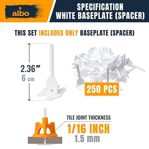 لوحات قاعدة نظام تسوية البلاط من ALBO مقاس 1/16 بوصة - 250 قطعة - فواصل احترافية للأرضيات والجدران، ومشابك تثبيت مضادة للشفاه لجميع تنسيقات البلاط، ونظام فاصل ذاتي التسوية جديد in Kuwait