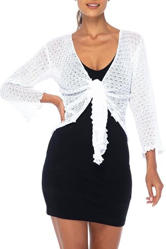 Back From Bali Womens Open Front Cotton Shrug Lightweight Tie Front Cardigan Soft Knit 3/4 Sleeve Sweater in Kuwait