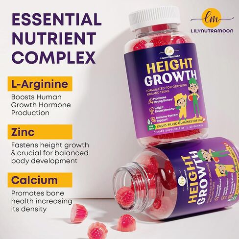 Height Growth Gummies for Kids & Teens - Calcium, Vitamin D3 + K2, Zinc, Magnesium, L-Arginine, Vitamin C - Multivitamin for Teen Boys & Girls - Grow Taller Supplement for Kids Height - 60 Gummies in Saudi Arabia