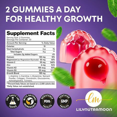 Height Growth Gummies for Kids & Teens - Calcium, Vitamin D3 + K2, Zinc, Magnesium, L-Arginine, Vitamin C - Multivitamin for Teen Boys & Girls - Grow Taller Supplement for Kids Height - 60 Gummies in Saudi Arabia