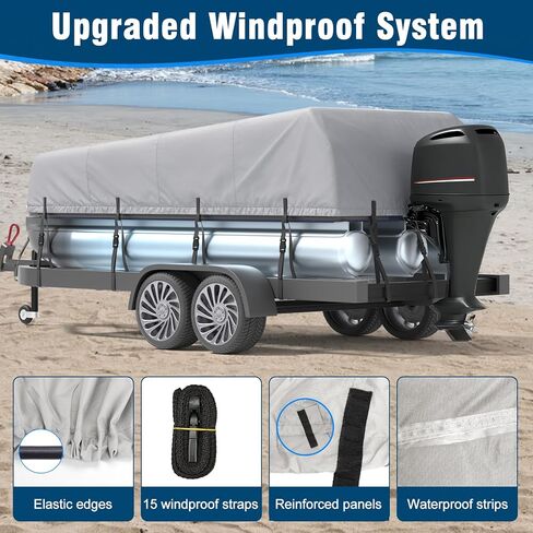 غطاء قارب عائم 1200D، غطاء قارب مقاوم للماء عالي التحمل من الدرجة البحرية، غطاء قارب بطول 21-24 قدم للعائم مع 15 حزام مقاوم للرياح، رمادي in Saudi Arabia