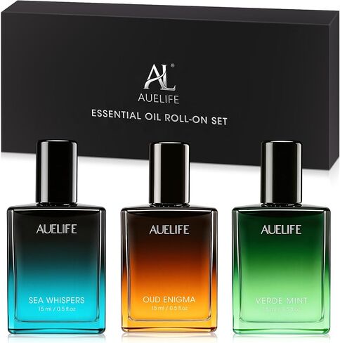 مجموعة 3 × 15 مل من الزيوت العطرية الدوارة للرجال، مجموعة هدايا زيوت رولربال للرجال للعمل والسفر والمنزل المنعش، العلاج العطري للاسترخاء والتركيز والطاقة - النعناع وخشب الصندل المهدئ والعود الترابي in Kuwait