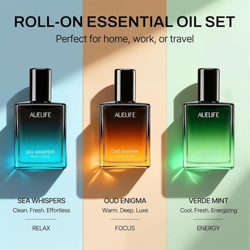 مجموعة 3 × 15 مل من الزيوت العطرية الدوارة للرجال، مجموعة هدايا زيوت رولربال للرجال للعمل والسفر والمنزل المنعش، العلاج العطري للاسترخاء والتركيز والطاقة - النعناع وخشب الصندل المهدئ والعود الترابي in Kuwait