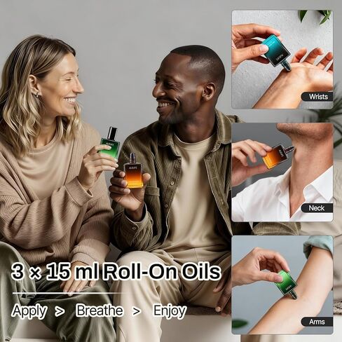 مجموعة 3 × 15 مل من الزيوت العطرية الدوارة للرجال، مجموعة هدايا زيوت رولربال للرجال للعمل والسفر والمنزل المنعش، العلاج العطري للاسترخاء والتركيز والطاقة - النعناع وخشب الصندل المهدئ والعود الترابي in Kuwait