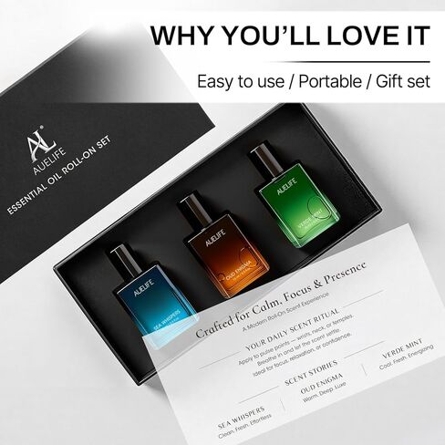 مجموعة 3 × 15 مل من الزيوت العطرية الدوارة للرجال، مجموعة هدايا زيوت رولربال للرجال للعمل والسفر والمنزل المنعش، العلاج العطري للاسترخاء والتركيز والطاقة - النعناع وخشب الصندل المهدئ والعود الترابي in Kuwait