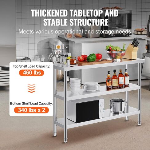 طاولة تحضير الطعام من الفولاذ المقاوم للصدأ Happybuy - طاولة عمل للمطبخ التجاري مقاس 14 × 48 × 34 بوصة. تتميز بوجود 2 رفوف سفلية قابلة للتعديل. طاولة عمل معدنية شديدة التحمل للشواء والمطبخ والمنزل والجراج. in Saudi Arabia