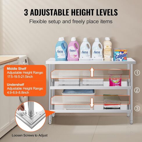 طاولة تحضير الطعام من الفولاذ المقاوم للصدأ Happybuy - طاولة عمل للمطبخ التجاري مقاس 14 × 48 × 34 بوصة. تتميز بوجود 2 رفوف سفلية قابلة للتعديل. طاولة عمل معدنية شديدة التحمل للشواء والمطبخ والمنزل والجراج. in Saudi Arabia