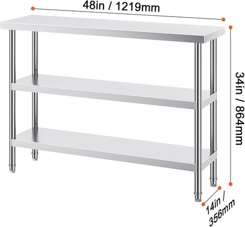 طاولة تحضير الطعام من الفولاذ المقاوم للصدأ Happybuy - طاولة عمل للمطبخ التجاري مقاس 14 × 48 × 34 بوصة. تتميز بوجود 2 رفوف سفلية قابلة للتعديل. طاولة عمل معدنية شديدة التحمل للشواء والمطبخ والمنزل والجراج. in Saudi Arabia