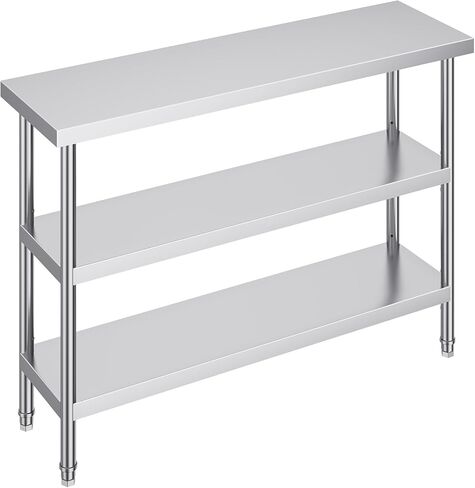 طاولة تحضير الطعام من الفولاذ المقاوم للصدأ Happybuy - طاولة عمل للمطبخ التجاري مقاس 14 × 48 × 34 بوصة. تتميز بوجود 2 رفوف سفلية قابلة للتعديل. طاولة عمل معدنية شديدة التحمل للشواء والمطبخ والمنزل والجراج. in Saudi Arabia
