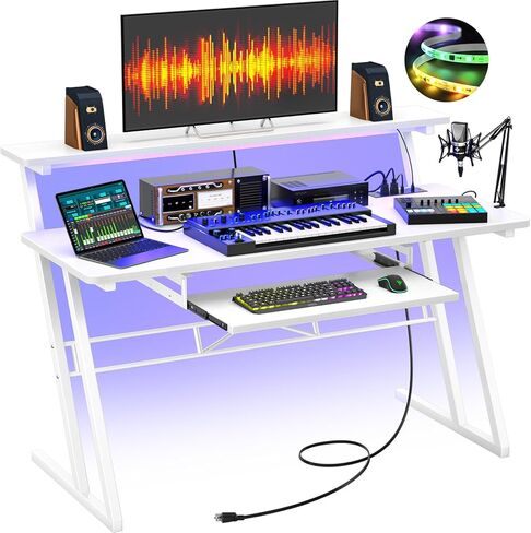 مكتب استوديو الموسيقى من أرموسيتي، محطة عمل لإنتاج الموسيقى مع منافذ الطاقة وأضواء RGB LED، مكاتب تسجيل استوديو الطاولة منتج الموسيقى للمنزل، أبيض in Kuwait