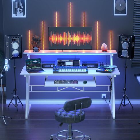 مكتب استوديو الموسيقى من أرموسيتي، محطة عمل لإنتاج الموسيقى مع منافذ الطاقة وأضواء RGB LED، مكاتب تسجيل استوديو الطاولة منتج الموسيقى للمنزل، أبيض in Kuwait