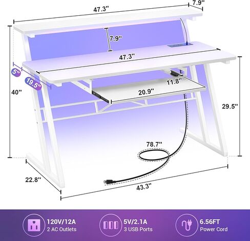 مكتب استوديو الموسيقى من أرموسيتي، محطة عمل لإنتاج الموسيقى مع منافذ الطاقة وأضواء RGB LED، مكاتب تسجيل استوديو الطاولة منتج الموسيقى للمنزل، أبيض in Kuwait