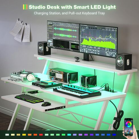 مكتب استوديو الموسيقى من أرموسيتي، محطة عمل لإنتاج الموسيقى مع منافذ الطاقة وأضواء RGB LED، مكاتب تسجيل استوديو الطاولة منتج الموسيقى للمنزل، أبيض in Kuwait