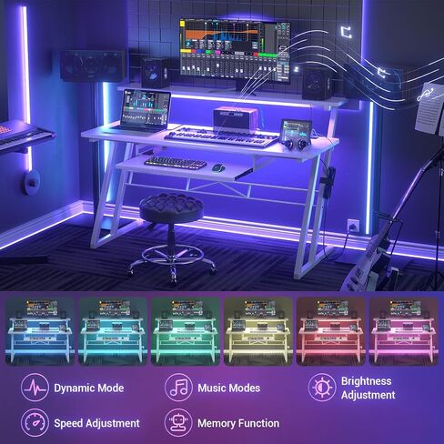 مكتب استوديو الموسيقى من أرموسيتي، محطة عمل لإنتاج الموسيقى مع منافذ الطاقة وأضواء RGB LED، مكاتب تسجيل استوديو الطاولة منتج الموسيقى للمنزل، أبيض in Kuwait
