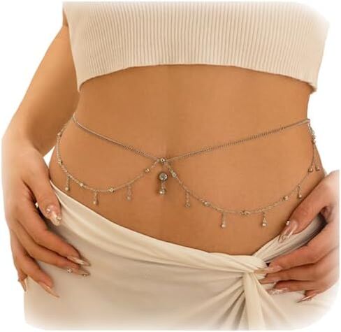 Summer Crystal Tassel Navel Nail Waist Chain for Women Bikini Beach Rhinestone Piercing Navel Chain Sexy Belly Button Ring Piercing Waist Body Jewelry in Kuwait