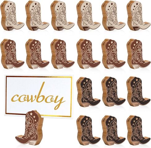 JarThenaAMCS 18Pcs Cowboy Boot Place Card Holder Ornament Gradient Brown Wooden Table Number Holder Wild West Name Card Display Stand for Party Table Setting Supplies in Saudi Arabia