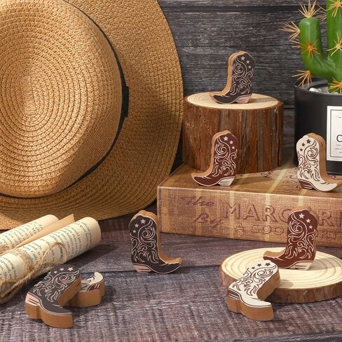 JarThenaAMCS 18Pcs Cowboy Boot Place Card Holder Ornament Gradient Brown Wooden Table Number Holder Wild West Name Card Display Stand for Party Table Setting Supplies in Saudi Arabia