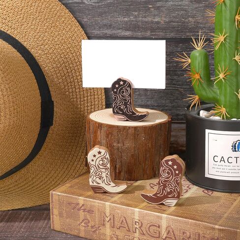 JarThenaAMCS 18Pcs Cowboy Boot Place Card Holder Ornament Gradient Brown Wooden Table Number Holder Wild West Name Card Display Stand for Party Table Setting Supplies in Saudi Arabia