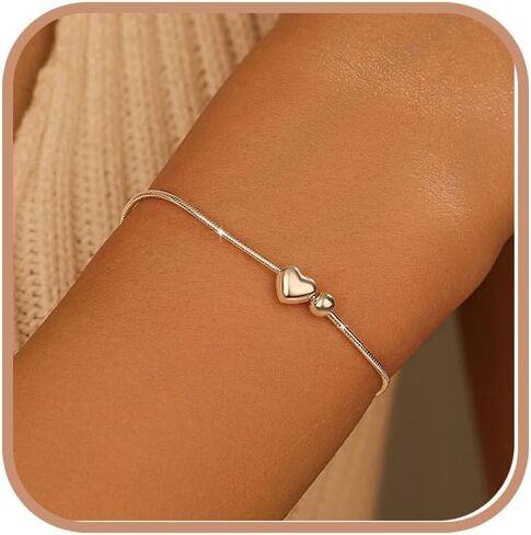 925 Sterling Silver Heart Charm Bracelet for Women Dainty Love Beaded Snake Trendy Heart Chain Bracelet to Daughter Mom Adjustable Chain Wedding Birthday Graduation Jewelry for Her in Kuwait