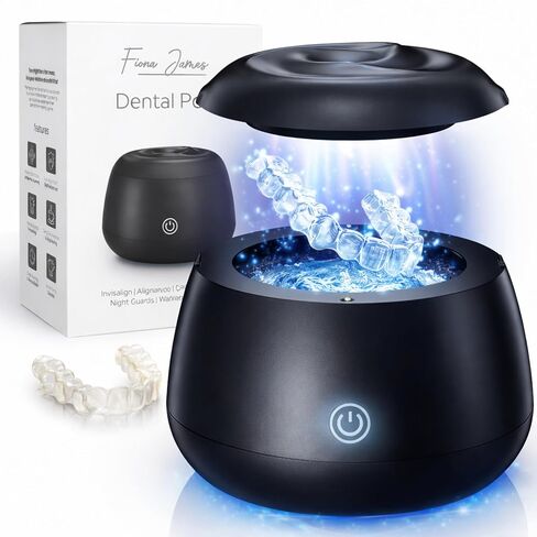 فيونا جيمس - آلة تنظيف التجنيب بالموجات فوق الصوتية 48 كيلو هرتز، أداة تنظيف أسنان ومحاذاة لحراس الفم والحراس الليليين وصواني الأسنان وفرشاة الأسنان والمجوهرات بسعة 200 مل (أبيض) in Kuwait