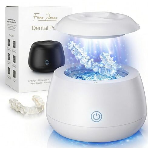 Fiona James - Ultrasonic Retainer Cleaner Machine 48kHz Denture and Aligner Cleaning Pod for Mouth Guards Night Guards Dental Trays Braces Toothbrushes Jewelry with 200ML Capacity (White) in Kuwait