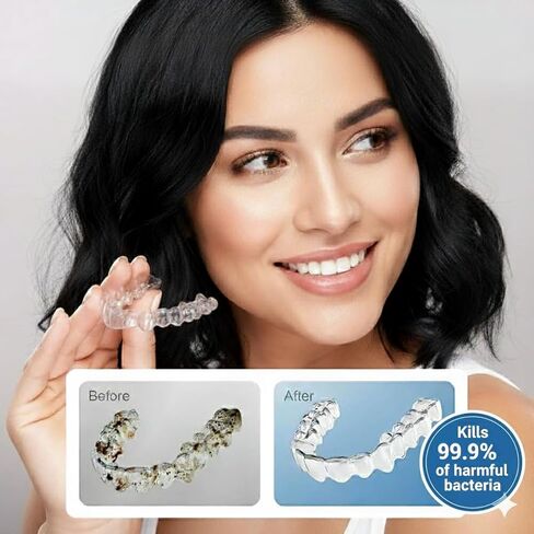 Fiona James - Ultrasonic Retainer Cleaner Machine 48kHz Denture and Aligner Cleaning Pod for Mouth Guards Night Guards Dental Trays Braces Toothbrushes Jewelry with 200ML Capacity (White) in Kuwait
