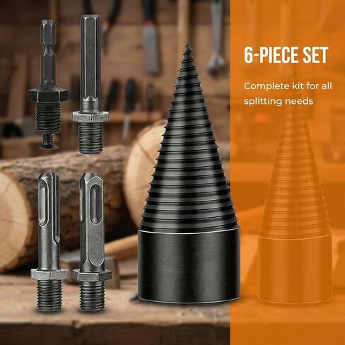 6 Pcs Firewood Log Splitter Drill Bit Set, 42mm+32mm Kindling Splitter Drill Detachable Design 4 Drill Attachments Efficiently for Dry Soft Woods in Saudi Arabia