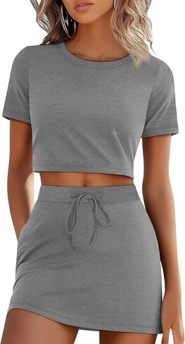 Neer Women's 2 Piece Skort Sets 95% Cotton Cropped Short Skirt Sets Round Neck Loose T Shirts Athletic Summer Casual Outfits in Saudi Arabia