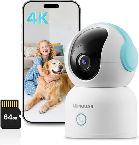 4K Indoor Security Camera with 64GB Memory Card, 5GHz/2.4GHz WiFi Camera, 360° Pan/Tilt IP Camera, Auto Tracking, AI Human/Face/Pet Detection, Night Vision, 2-Way Audio, One-Touch Call in Kuwait