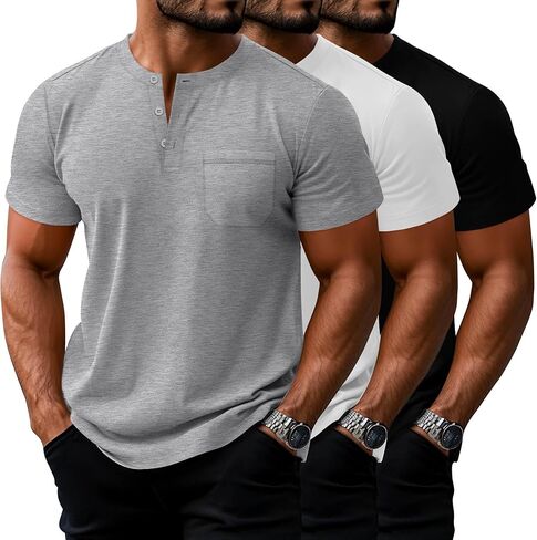 Riyiper 3 Pack Men's Big and Tall Henley T-Shirts, Short Sleeve Pocket Cotton Loose Fit Shirt Summer Oversized Button Tee in Saudi Arabia
