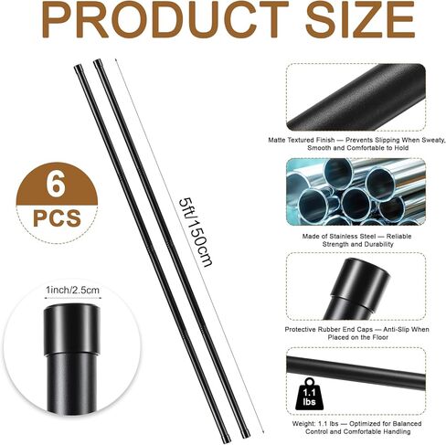 6 مجموعات من عصا اليوجا بطول 5 أقدام وعصي تمديد قابلة للتعديل، عصا تمرين سوداء مع أطراف مطاطية مضادة للانزلاق، أداة تمدد لتصحيح الوضعية للتدريب على الحركة والتمرين وتوازن اللياقة البدنية (لكل مجموعة 5 أقدام، أسود) in Kuwait