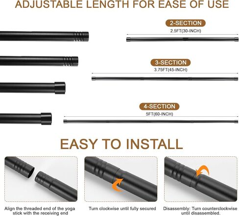 6 مجموعات من عصا اليوجا بطول 5 أقدام وعصي تمديد قابلة للتعديل، عصا تمرين سوداء مع أطراف مطاطية مضادة للانزلاق، أداة تمدد لتصحيح الوضعية للتدريب على الحركة والتمرين وتوازن اللياقة البدنية (لكل مجموعة 5 أقدام، أسود) in Kuwait
