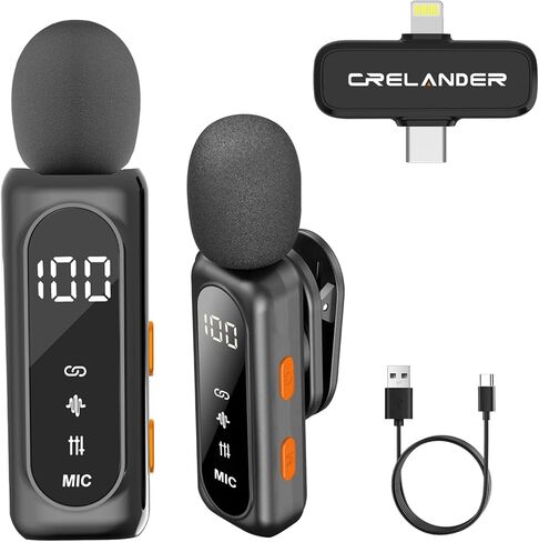 Crelander 3 in 1 Professional Mini Wireless Microphone for iPhone/Android/Camera, Bluetooth Lavalier Mic Crystal Clear Sound Quality for Recording, Live Streaming, Microphone Clips in Kuwait
