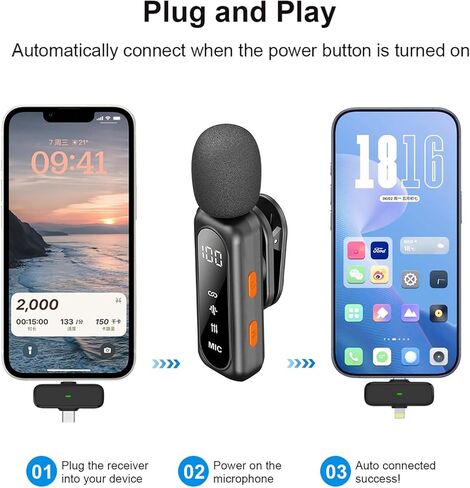 Crelander 3 in 1 Professional Mini Wireless Microphone for iPhone/Android/Camera, Bluetooth Lavalier Mic Crystal Clear Sound Quality for Recording, Live Streaming, Microphone Clips in Kuwait
