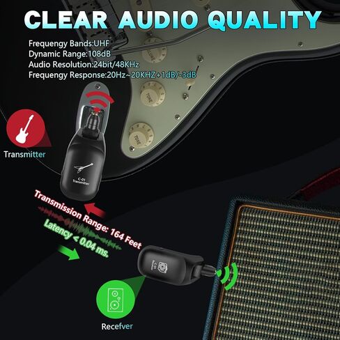 C01 UHF Wireless Guitar System (Transmitter & Receiver) - Rechargeable, 24-bit/48KHz Audio, 164FT Range, 4 Channels, <0.04ms Low Latency for Electric Musical Instruments in Kuwait