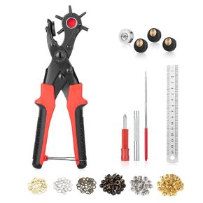 UNCO- مجموعة أدوات ثقب الجلد، مقبض أحمر، أحجام متعددة للثقب، ثقب الحزام للجلد والأحزمة والأشرطة وأطواق الحيوانات الأليفة والأحذية والسروج والقماش والحرف اليدوية، مع مجموعة حلقات معدنية 100 مجموعة in Kuwait