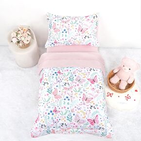 Toddler Bedding Set for Girls 4 Pieces Pink Rose, Soft Breathable Toddler Comforter Set, Bow Flower Print, Includes Reversible Comforter, Fitted Sheet and Flat Sheet, Pillowcase in Kuwait