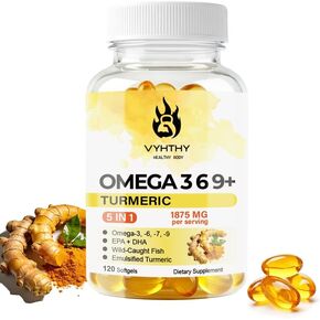 120 Softgels, Triple Omega 3 6 9 Supplement with Turmeric, Curcumin, DHA & EPA, Fish Oil Supplement for Brain & Heart Health and Joint Support, Advanced Absorption in Kuwait