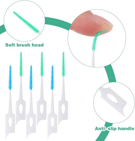 300 PCS Dual-Use Interdental Brushes Soft Silicone Dental Floss Picks Disposable Dental Picks for Teeth Cleaning Bendable Silicone Toothpicks Brush Between Teeth for Adult, Blue & Green in Saudi Arabia