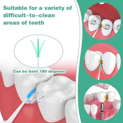 300 PCS Dual-Use Interdental Brushes Soft Silicone Dental Floss Picks Disposable Dental Picks for Teeth Cleaning Bendable Silicone Toothpicks Brush Between Teeth for Adult, Blue & Green in Saudi Arabia