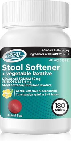 Natural Vegetable Laxative Plus Stool Softener, (180 Tablets), Gentle Effective Dependable Constipation Relief in 6-12 hours, Compare to the Active Ingredients in National Brand Product in Kuwait