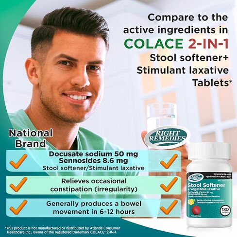 Natural Vegetable Laxative Plus Stool Softener, (180 Tablets), Gentle Effective Dependable Constipation Relief in 6-12 hours, Compare to the Active Ingredients in National Brand Product in Kuwait