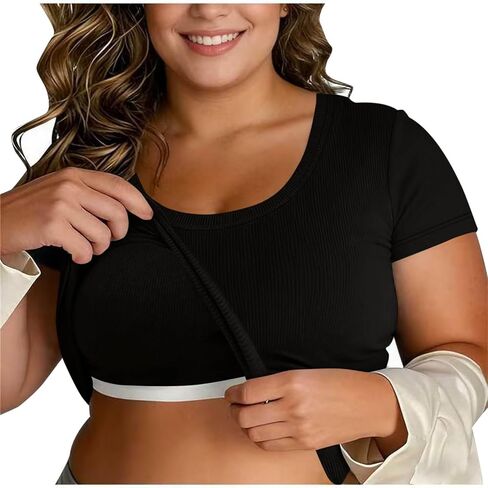 Womens Shirts with Built in Bra Plus Size Short Sleeve Square Neck Basic Tees Casual Ribbed Knit Fitted Going Out Tops in Saudi Arabia