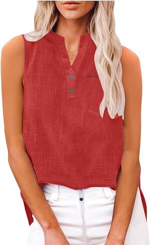 Tank Tops for Women Linen Button Down Tank Top Summer Vacation Beach Lightweight Breathable Summer Sleeveless Blouses in Saudi Arabia