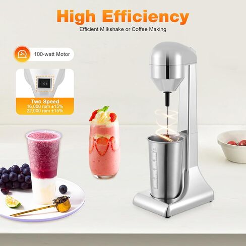 Electric Milkshake Maker Machine, Stainless Steel Drink Mixer Blender, 100W Dual Speed, Silver, 500ml/16.9oz Cup with Measuring Graduations, Countertop in Kuwait