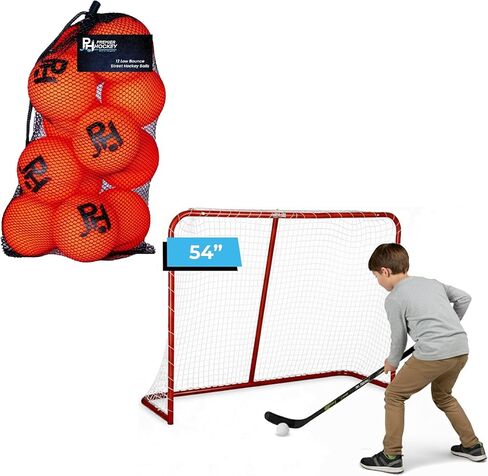 Premier Sports - حزمة مرمى هوكي الشوارع جونيور ستيل مقاس 54 بوصة + 12 كرة هوكي شوارع مناسبة لجميع الأحوال الجوية in Kuwait