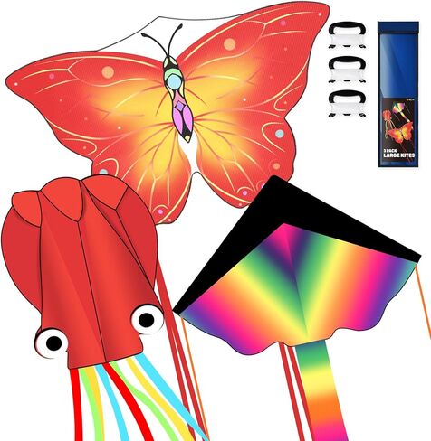 3 Pack Large Kites, Large Butterfly Kite, Colorful Delta Flying Kite and Red Octopus Wind Kite with Kite String for Girls Boys 3 Years and up in Saudi Arabia