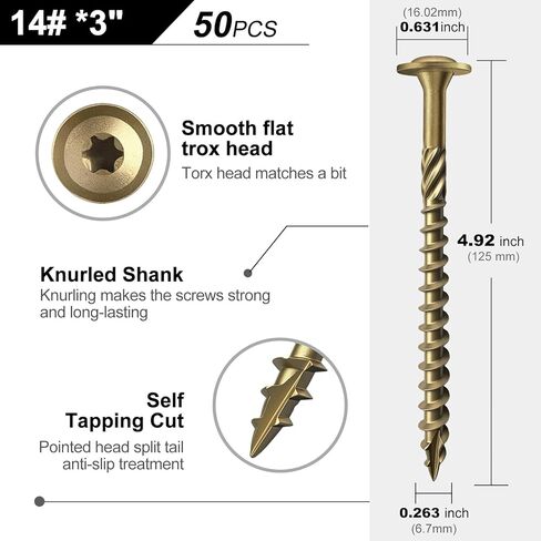 #14 × 3 بوصة مسامير متخلفة 50 قطعة. برغي خشبي هيكلي، برونزي، فولاذ كربوني، رأس غسالة، مطلي بمادة الإيبوكسي المقاوم للصدأ، لقمة نجمة T30 in Kuwait