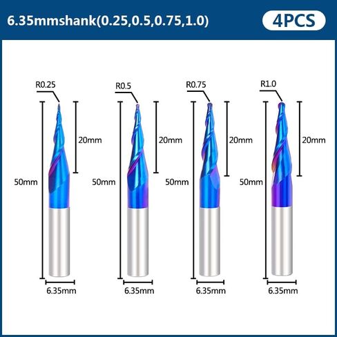 4pcs Solid Tungsten Carbide Tapered End Mill R0.25 R0.5 R0.75 R1.0 Ball Nose 2 Flutes CNC Carving Engraving Tool CNC Machine Router Bit in Saudi Arabia